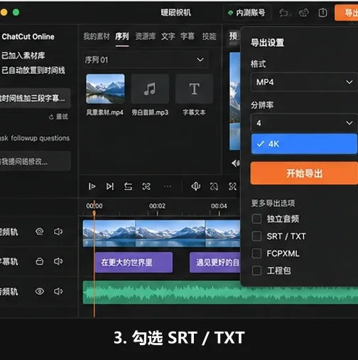AutoCut 导出设置中勾选 SRT / TXT 字幕文件