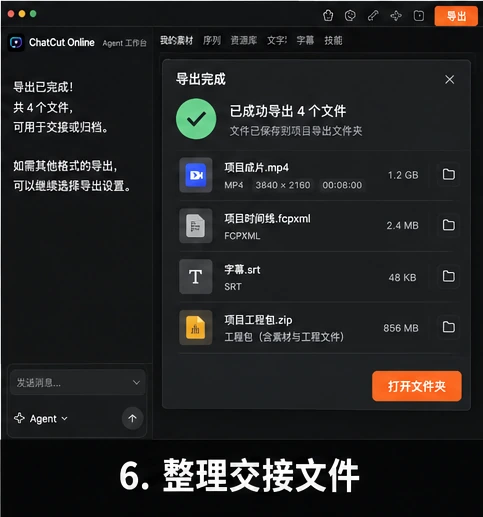 AutoCut 导出完成后整理 MP4、FCPXML、SRT 和工程包交接文件