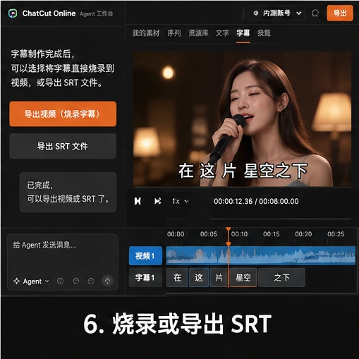 AutoCut 将卡拉 OK 逐字字幕烧录进视频或导出 SRT 文件