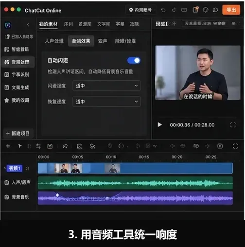 AutoCut 音频工具中的自动闪避入口