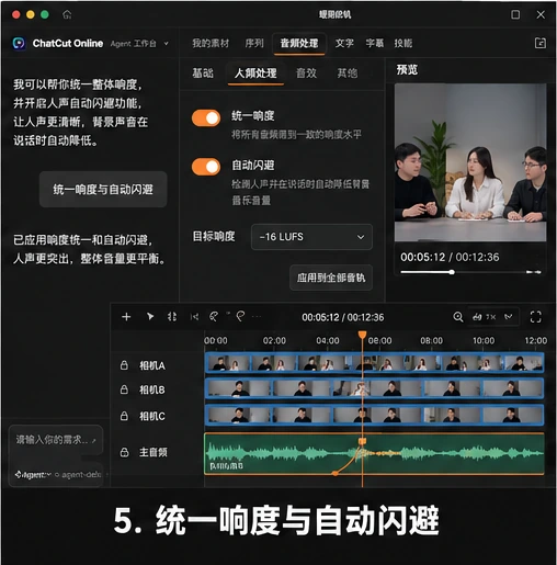 AutoCut 对多机位访谈录音进行响度统一和背景声自动闪避