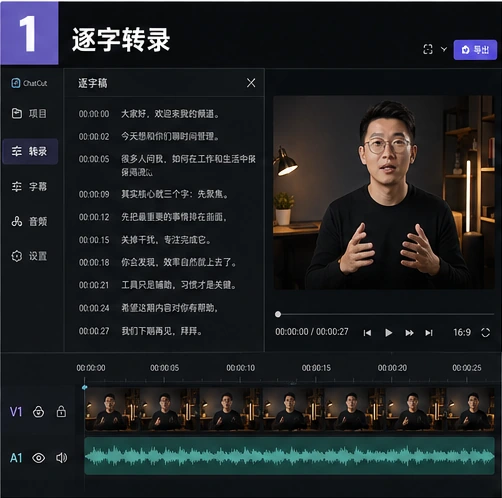 AutoCut 将口播视频生成带时间码的逐字转录稿