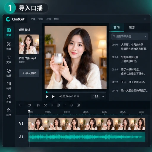 AutoCut 导入女性创作者的 UGC 产品口播并生成转录与时间线