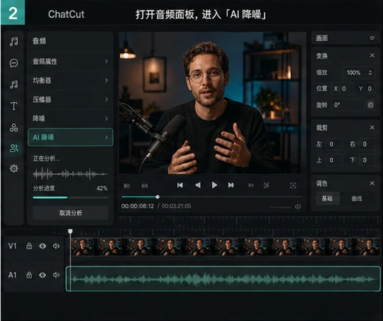 AutoCut AI 降噪正在分析口播视频 A1 音轨中的背景噪声