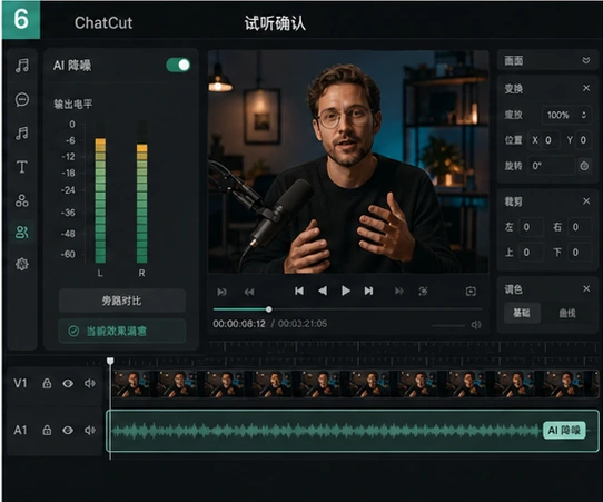 AutoCut 降噪后在时间线和音频表中进行试听确认